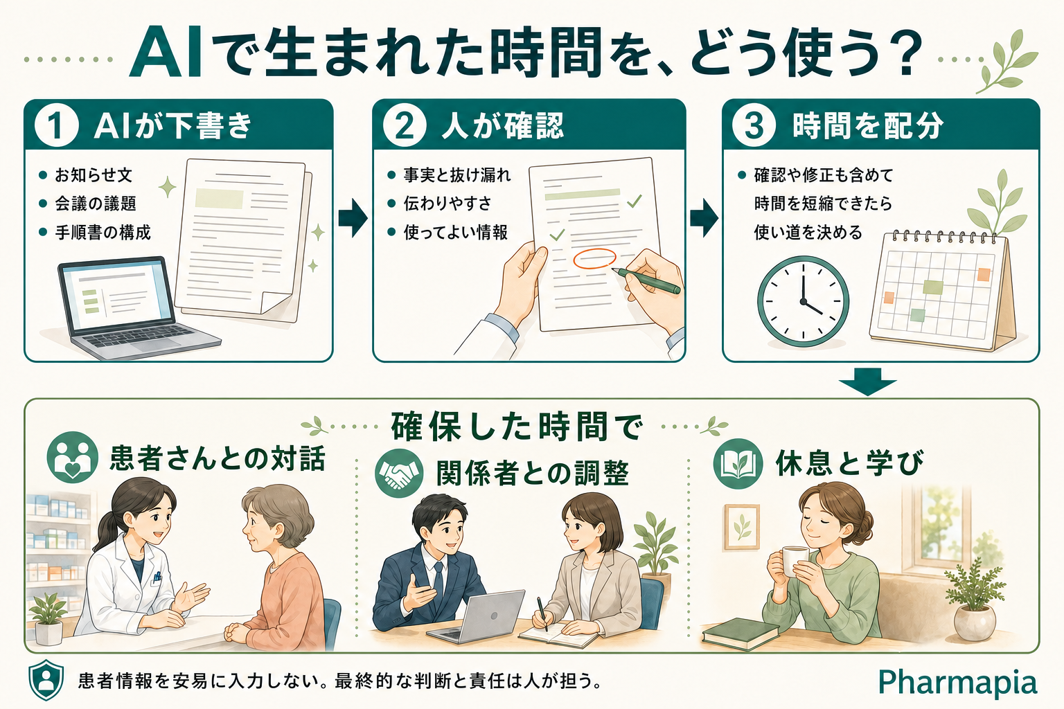 AIが下書きを作り、人が事実や情報の扱いを確認する。確認と修正を含めて時間を短縮できたら、患者さんとの対話、関係者との調整、休息と学びにどう配分するかを決める図解