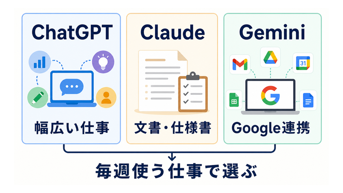 ChatGPTは幅広い仕事、Claudeは文書と仕様書、GeminiはGoogle連携で選ぶ比較図