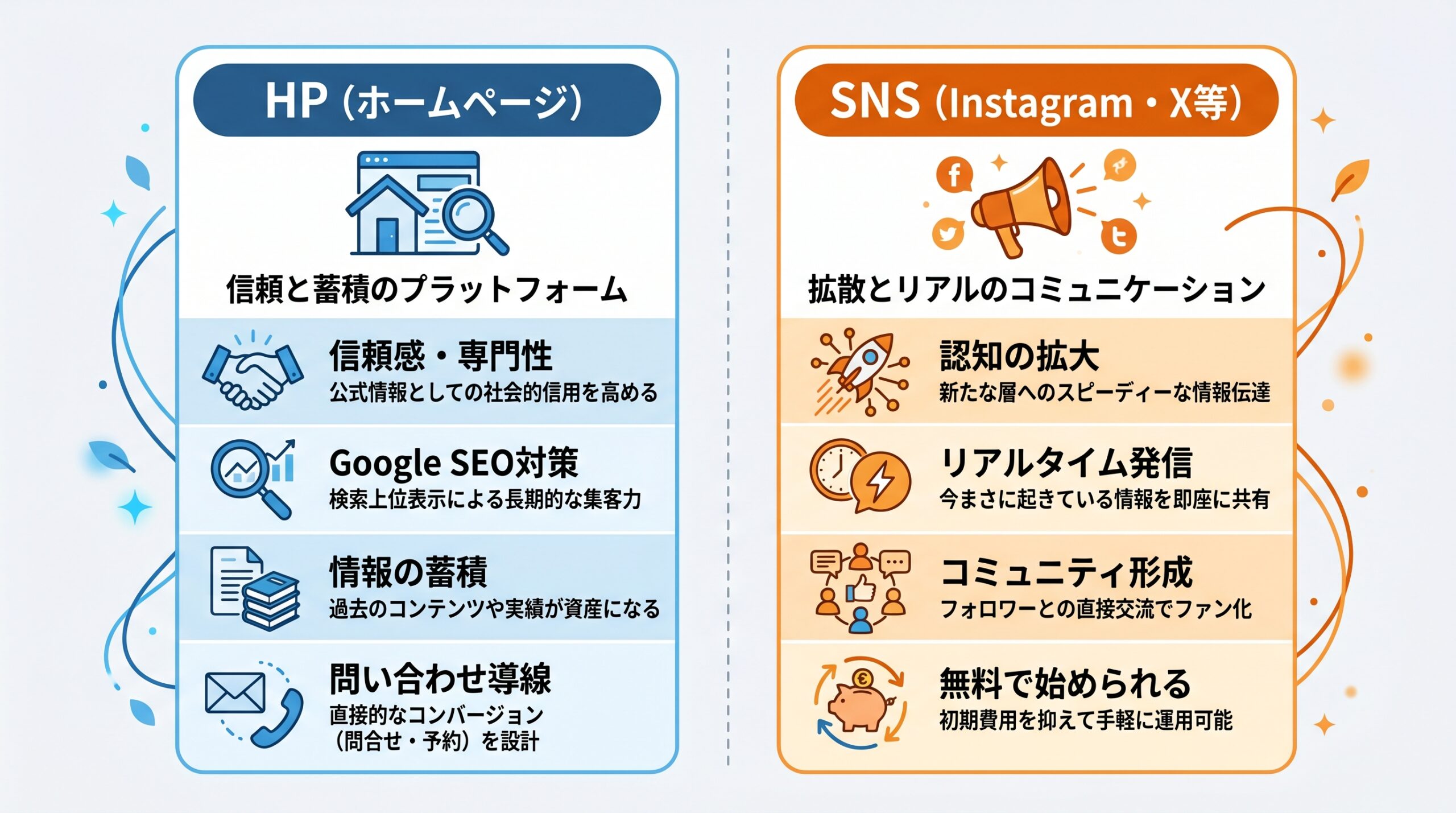 HPとSNSの役割比較図解