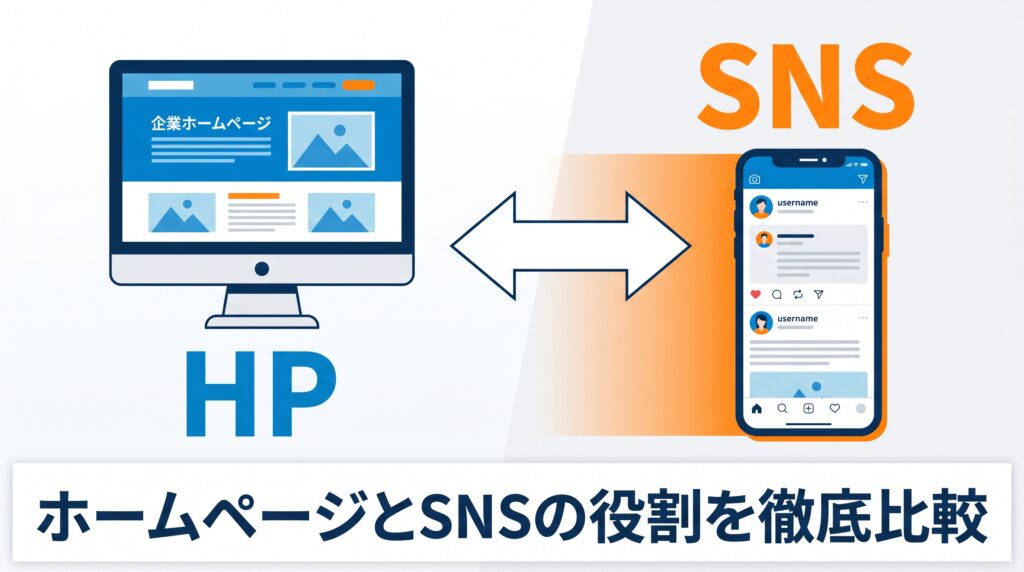 PCに企業ホームページ、スマートフォンにSNSが表示され「ホームページとSNSの役割を徹底比較」と書かれたサムネイル